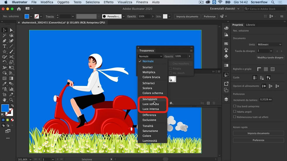 Illustrator CC metodi di fusione sovrapponi, luce soffusa e luce intensa