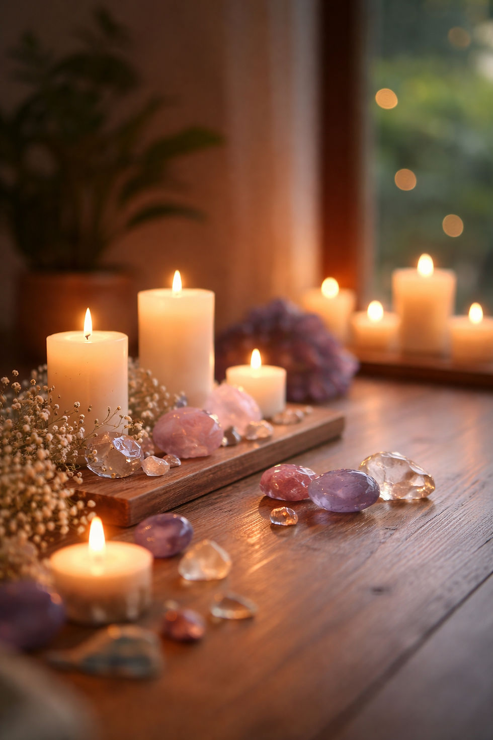 Close-up view of a serene meditation space with candles and crystals