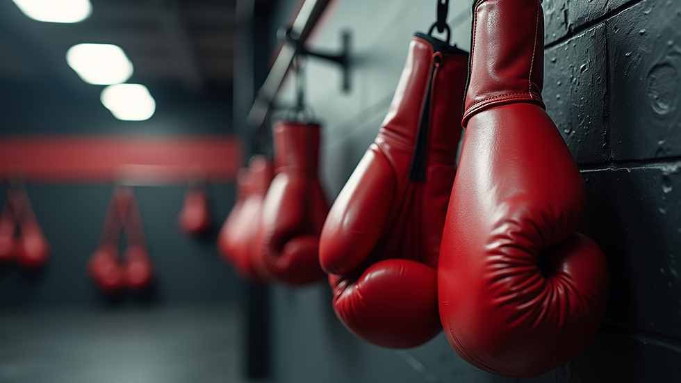Close-up view of boxing gloves hanging on a gym wall