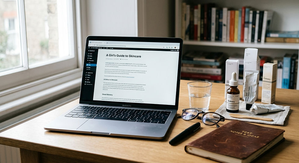 A beauty blogging desk with an open blog post on a laptop screen, some open products that have been tested, a pen and a pair of spectacles with a bookcase in the background