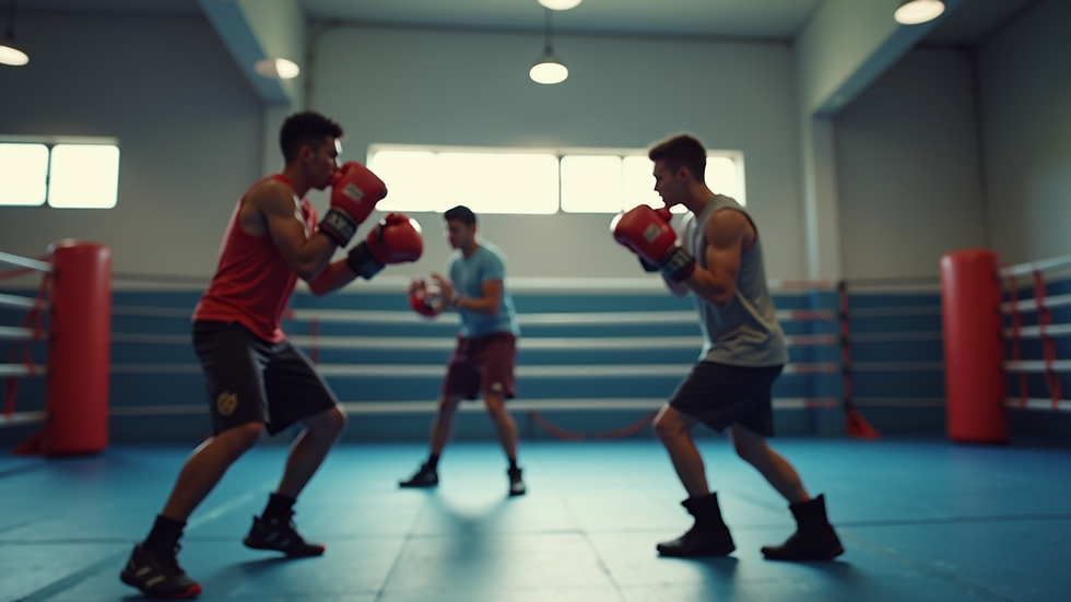 Eye-level view of a gymnasium with youth practicing boxing drills