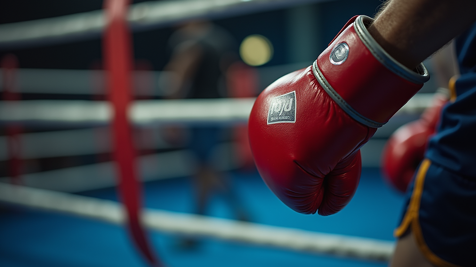 Close-up view of boxing ring corner with gloves and headgear