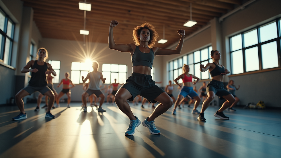Wide angle view of a community fitness class in a gym