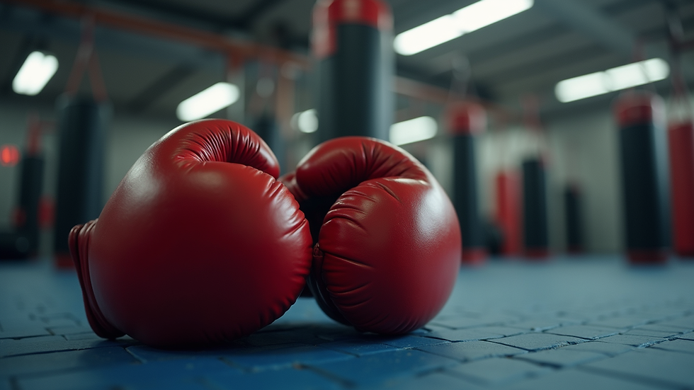 Close-up view of boxing gloves and training equipment in a gym