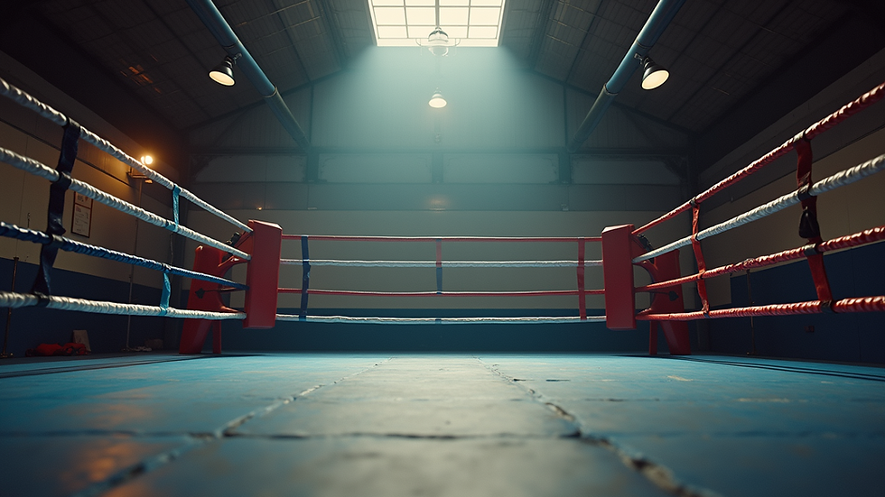 Eye-level view of a boxing ring inside a local gym