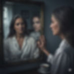 A mature woman looking in a mirror and feeling depressed about her appearance