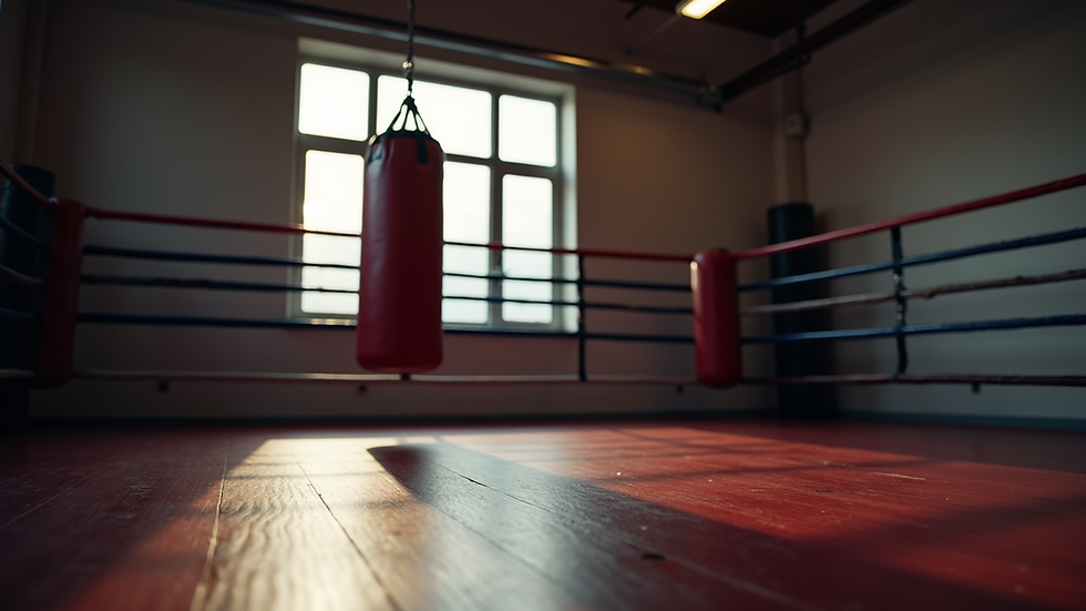 Eye-level view of a boxing gym with a single punching bag