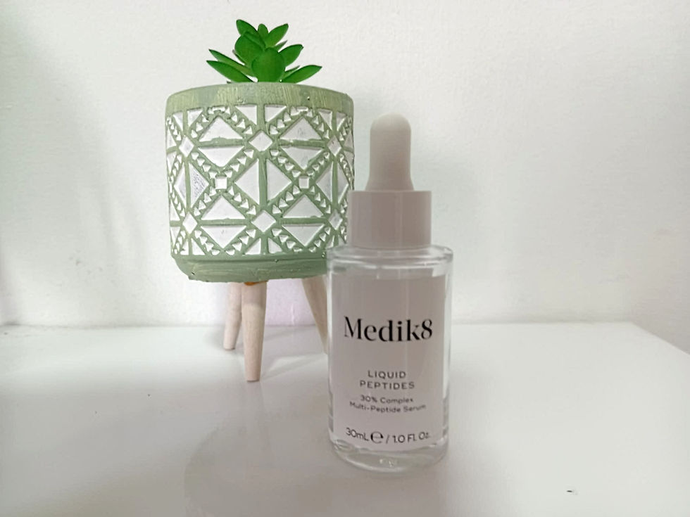 A dropper bottle of Medik8 Liquid Peptides alongside a faux succulent on a white background