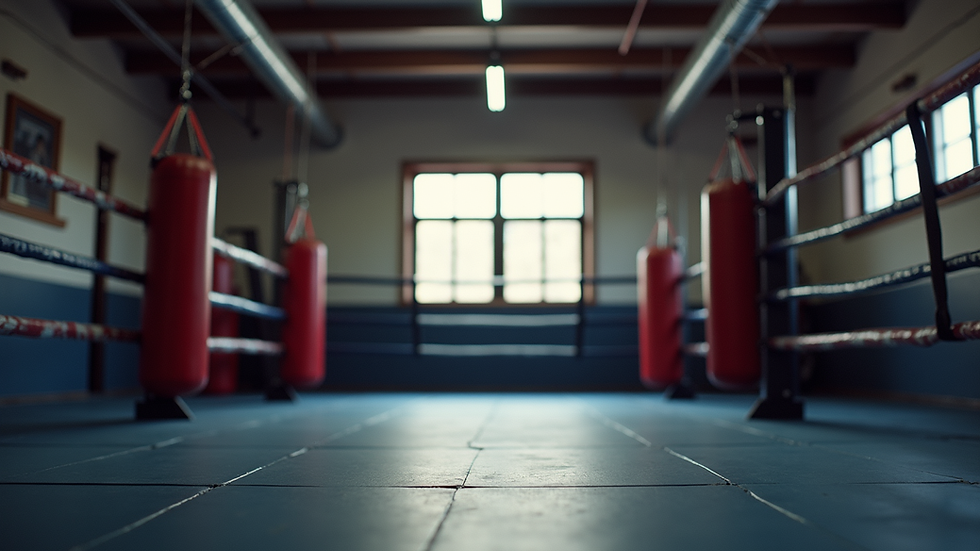 Eye-level view of a boxing gym with training equipment
