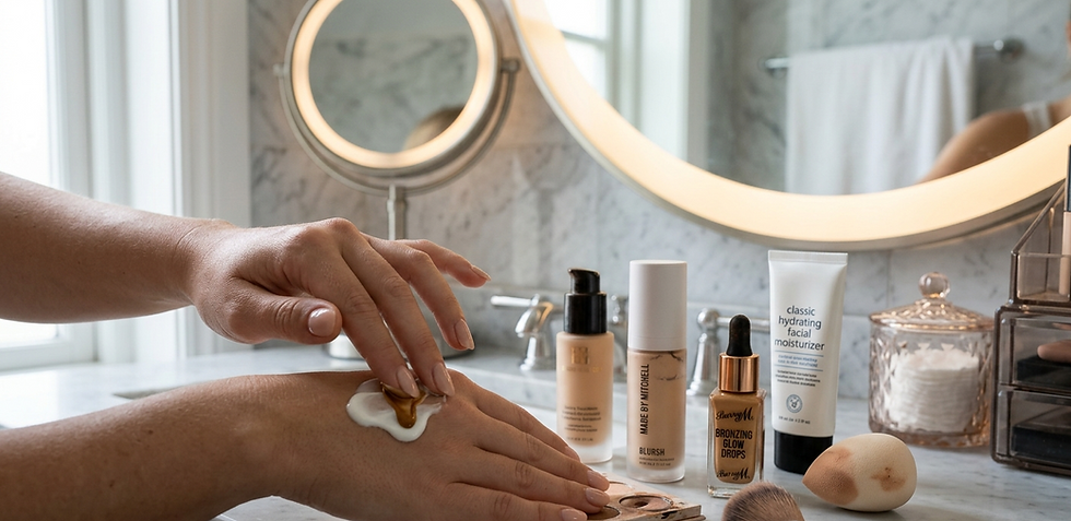 A woman mixing bronzing drops with moisturiser to create a DIY face tan