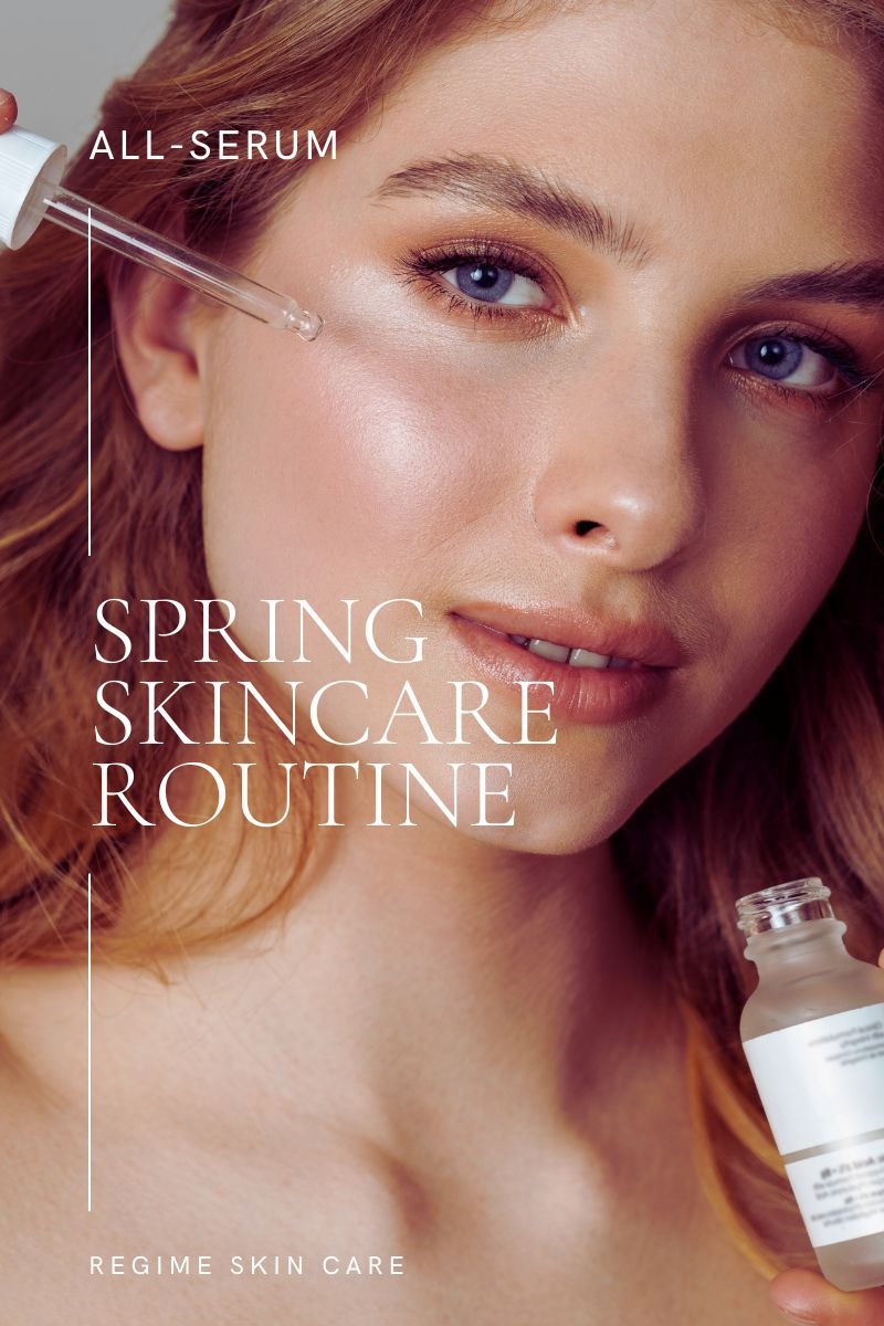 Evening skincare routine graphic for all-serum regimen recommended for spring