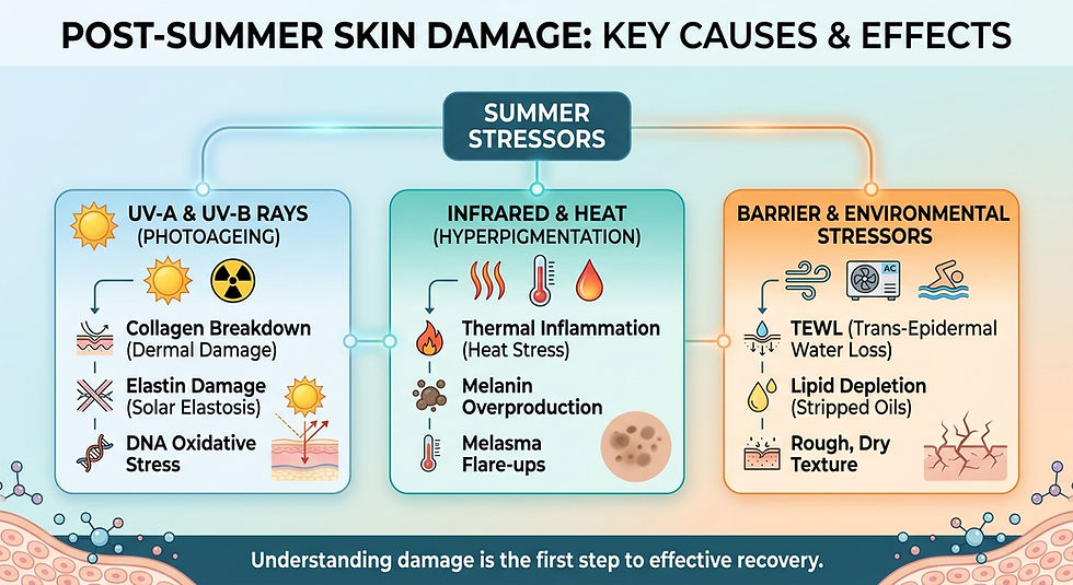 Infographic on post-summer skin damage, showing UV rays, heat, and environmental stressors causing collagen loss, pigmentation, and dryness.