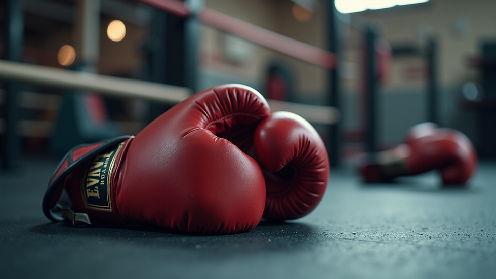 Close-up view of boxing gloves and training equipment on a gym floor