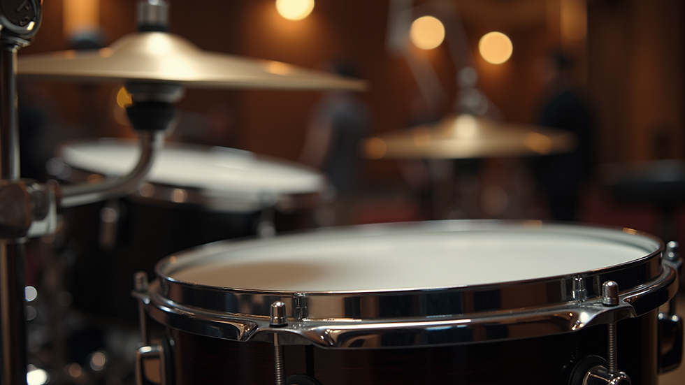 Close-up view of a classic drum kit with cymbals and snare drum