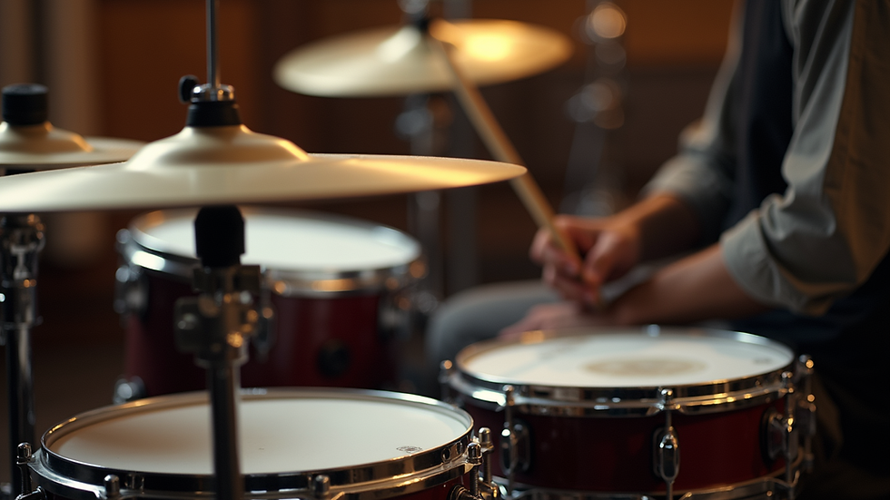 Close-up view of a vintage Ludwig drum kit with cymbals