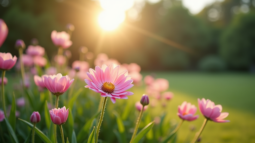 Wide angle view of a tranquil garden with blooming flowers