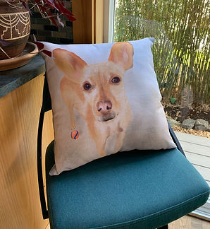 Image of a custom pillow displaying the portrait of a chihuahua. The pillow is resting on a teal chair by an outside window.