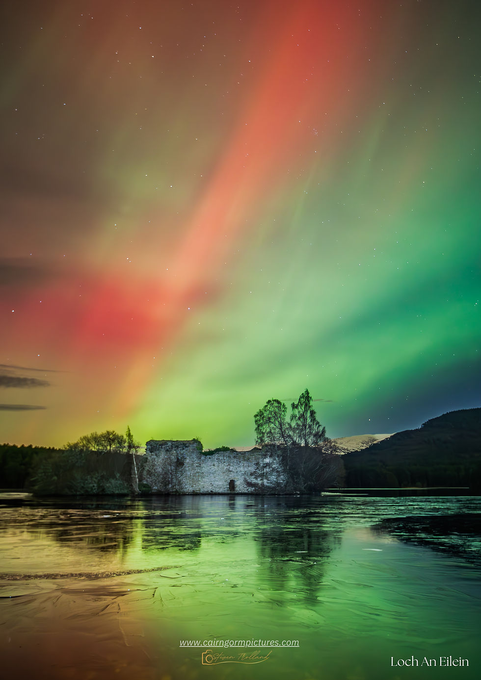 Aurora over Loch An Eilein Castle