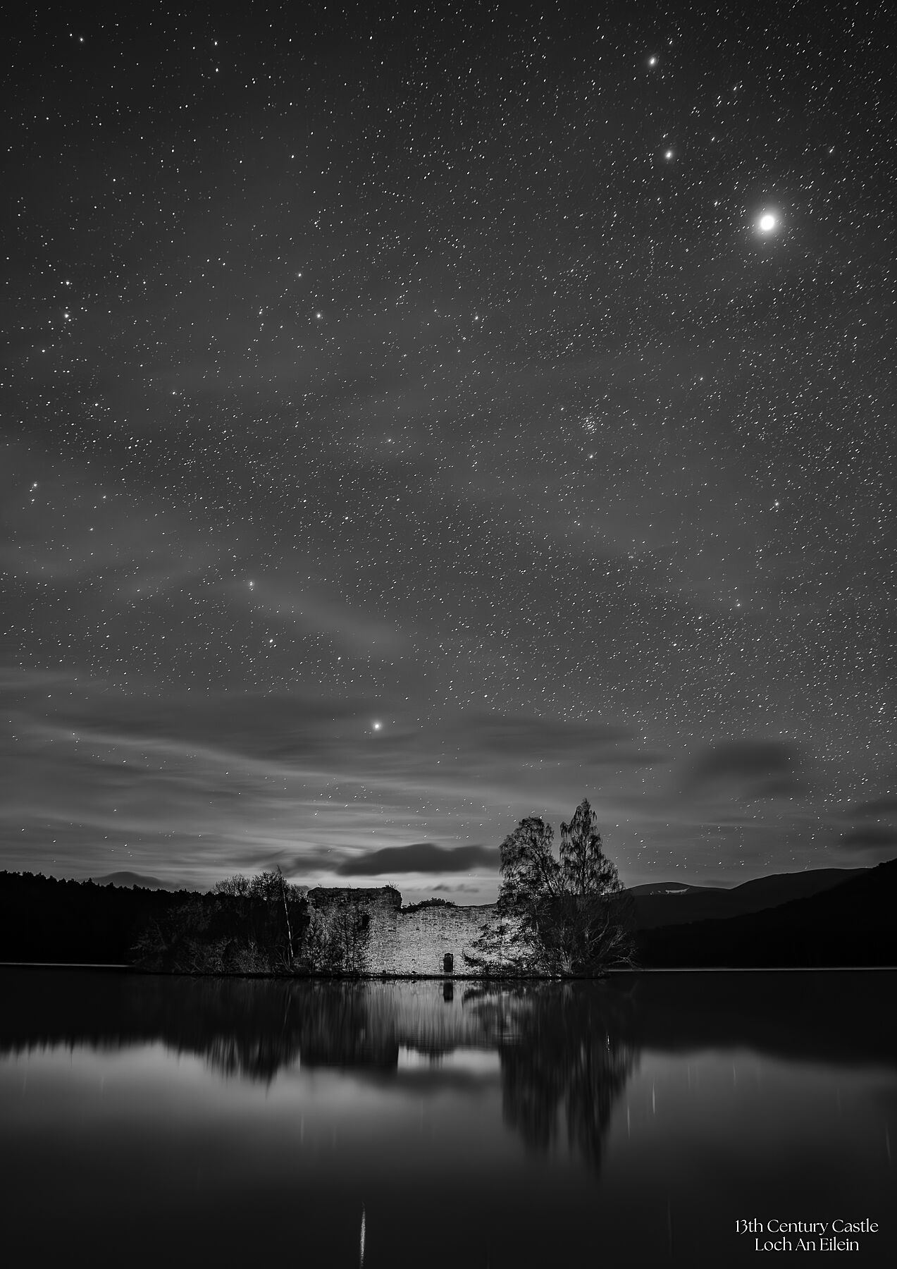 Loch An Eilein Castle 13th Century under the stars. Taken by Steven Trolland at Cairngorm Pictures