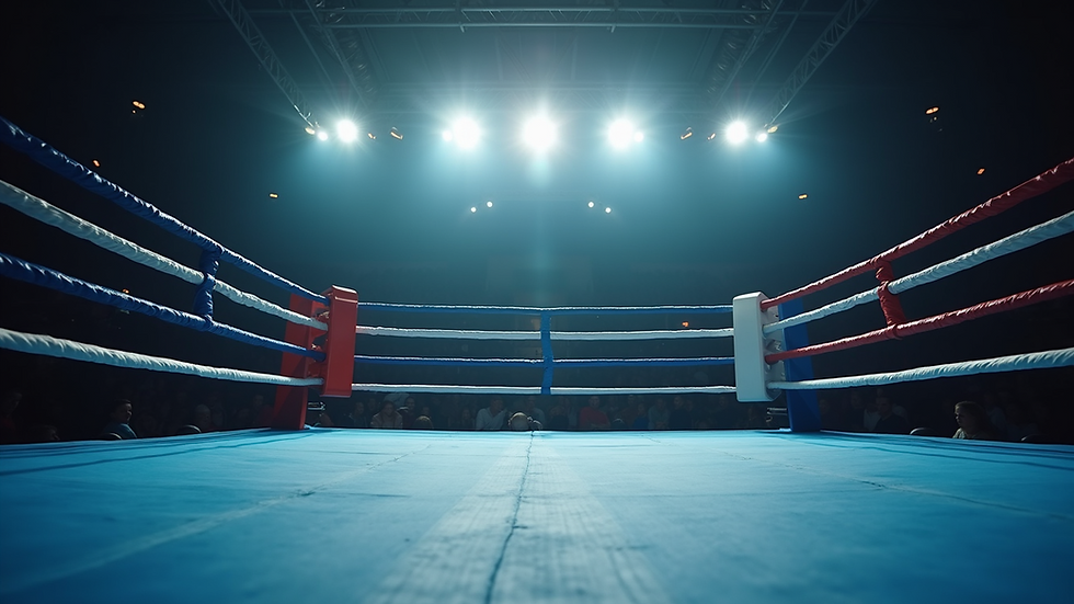 Eye-level view of a boxing ring with bright lights in a competition setting
