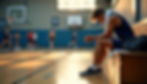 Young athlete in blue sits on a gym bench, towel on shoulder, looking down. Teammates practice basketball in the background, sunlit court.