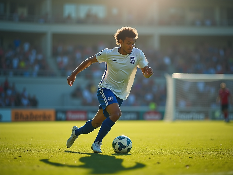 Soccer player in white jersey dribbles ball on sunlit field; stadium crowd and large goalpost in background, creating tense action mood.