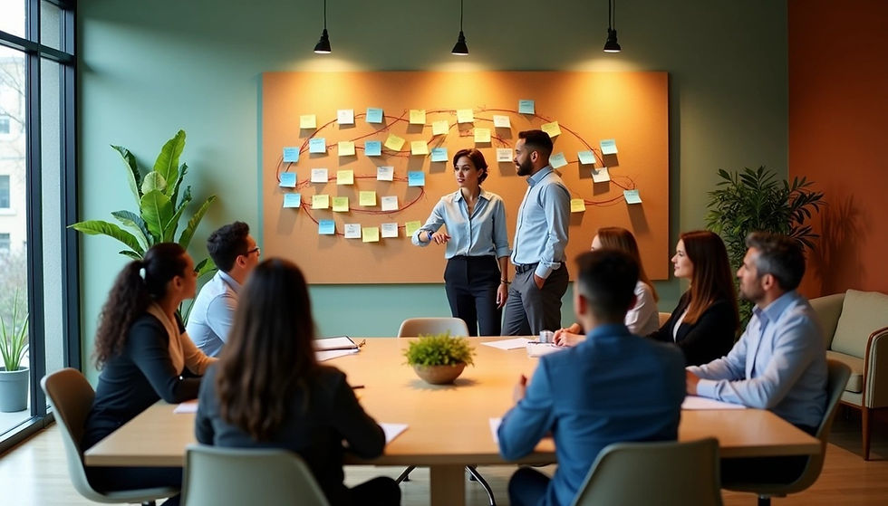 A group meeting in an office with sticky notes on a board. Two people present while others sit at a table. Green plants add a calming touch.
