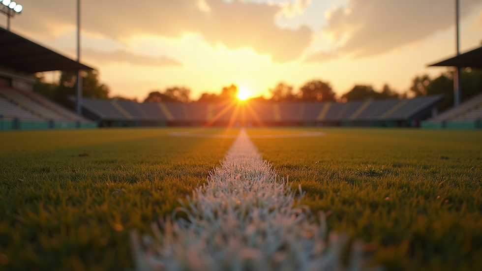 Eye-level view of a quiet sports field during sunset