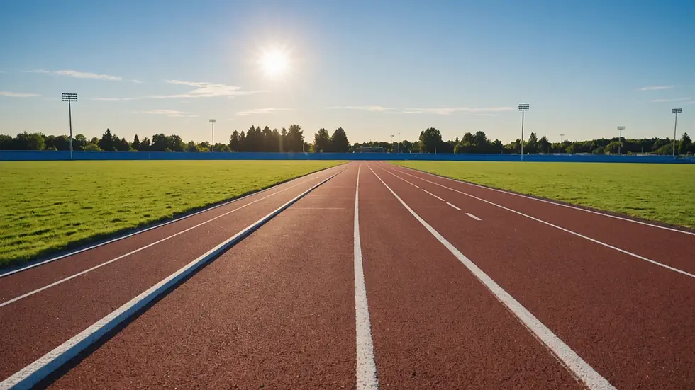 Eye-level view of a lone running track under a bright blue sky