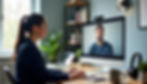 Woman in a home office types at a desk during a video call with a man on a desktop monitor, with plants and headphones nearby.