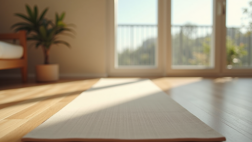 Close-up of a tranquil yoga mat in a calming room setting