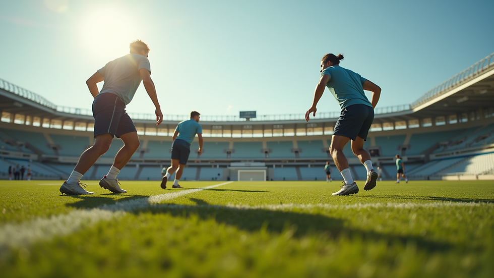 Eye-level view of athletes practicing together on a field