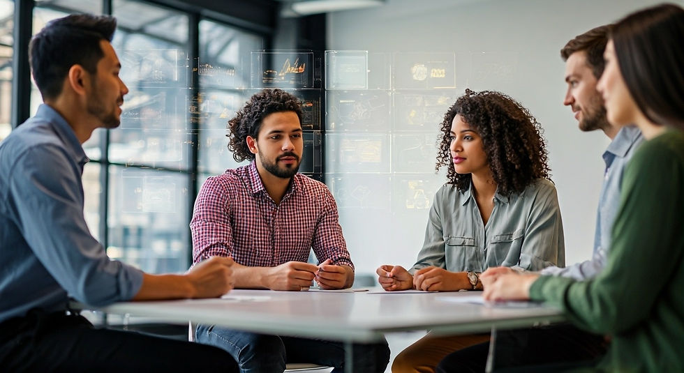 Five people in a modern office, engaged in discussion around a table. Background shows digital graphics. Focused and collaborative mood.
