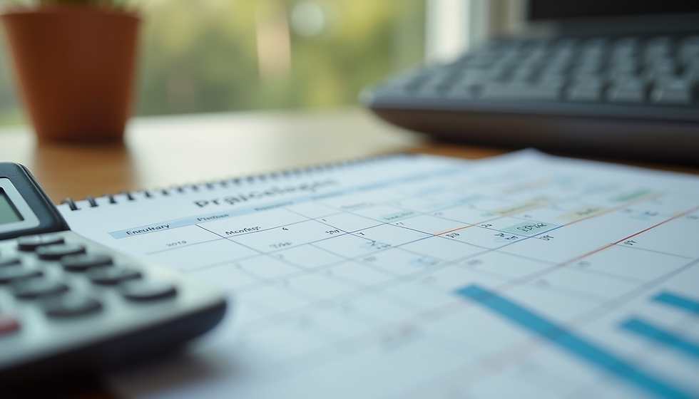 Close-up of a calendar page on a desk with a calculator nearby. A plant and vibrant greenery are visible in the blurred background.