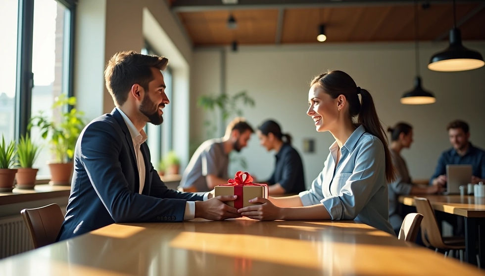 Man and woman exchange gift in a bright cafe. Smiling, they sit at a wooden table with plants and people working in the background.