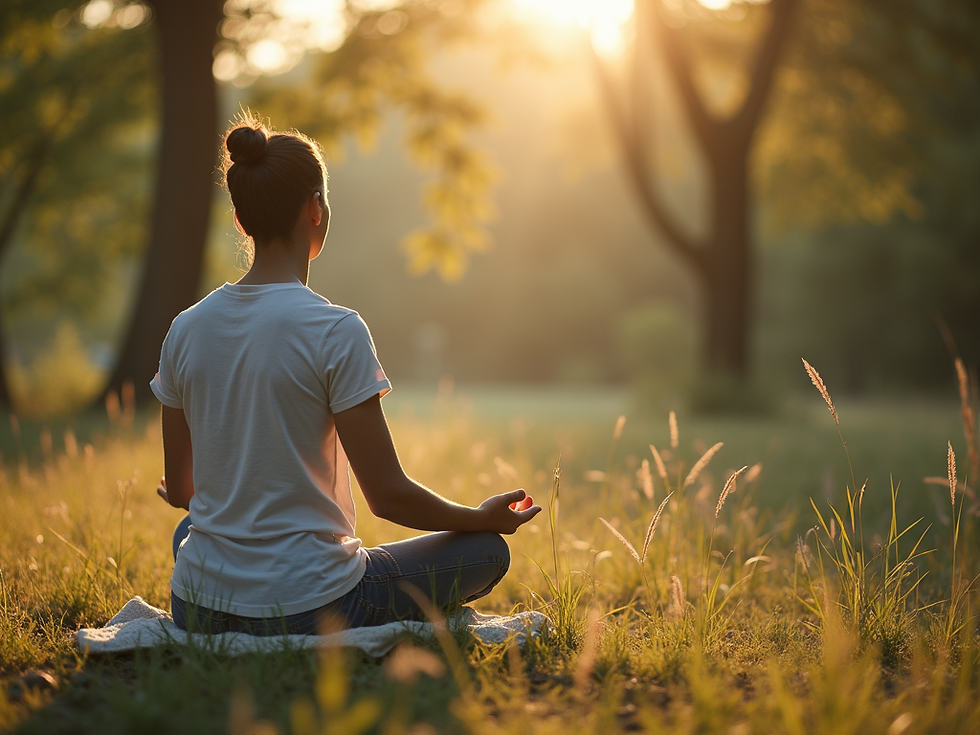 A person meditates on grass at sunrise, sitting cross-legged in a peaceful park setting. Sunlight filters through trees, creating a warm glow.