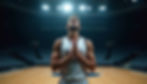 Basketball player in white jersey, eyes closed, palms together, standing focused on court. Stadium lights illuminate empty arena.