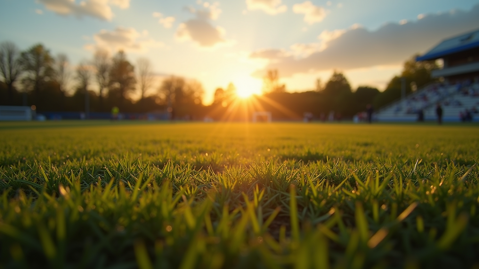 Eye-level view of a football field at sunset