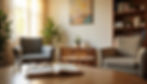 Cozy room with two armchairs, book with glasses, and a glass of water on a table. Plants and bookshelves in the background. Warm lighting.