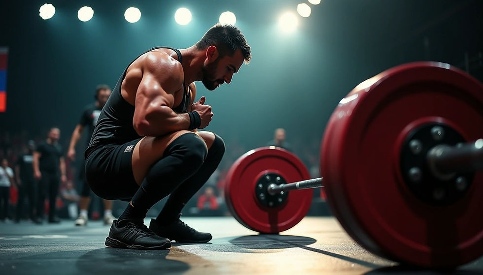 Athlete kneeling beside red barbell under bright lights in a gym, wearing black gear, focused and preparing to lift. Teammates in background.