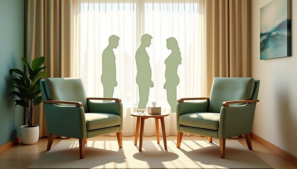 Silhouetted figures stand facing each other in a cozy room with two green armchairs, a round table, plant, soft drapes, and wall art.