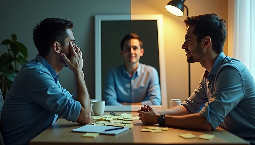 Man in blue shirt at desk with sticky notes, looking at himself in a mirror. Warm light on right, plant and cups in background.