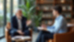 Two men converse in a cozy room with bookshelves. One gestures while the other takes notes, both appear engaged. Bright, natural light.
