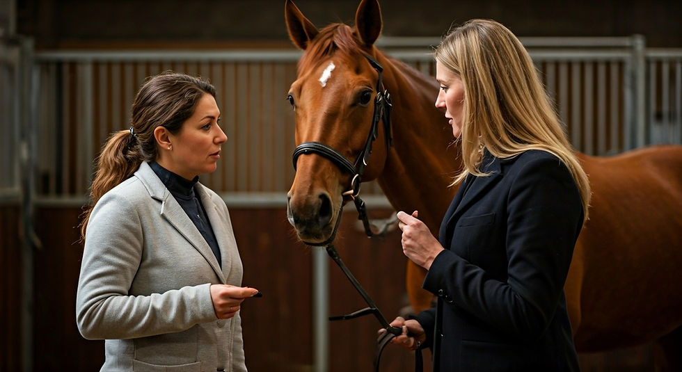 Two women converse in a stable between horse stalls, a chestnut horse with a white stripe between them. They wear blazers, appearing serious.
