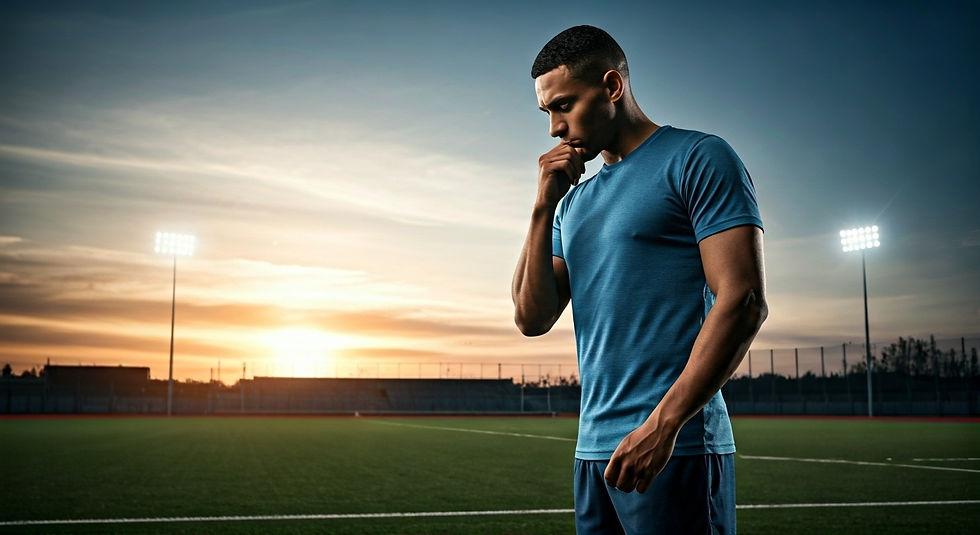Man in a blue shirt stands thoughtfully on an empty sports field at sunset, with stadium lights illuminating the twilight sky.
