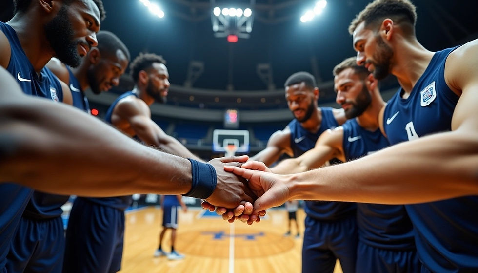 Basketball team huddles in blue jerseys, hands stacked in unity on a court inside an arena. Focused and determined atmosphere.