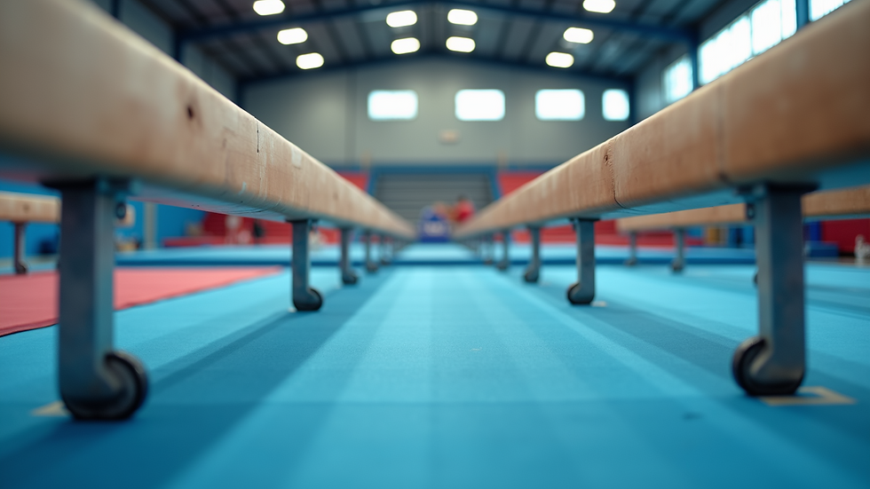 Eye-level view of a gymnastics challenge course showcasing balance beams and mats