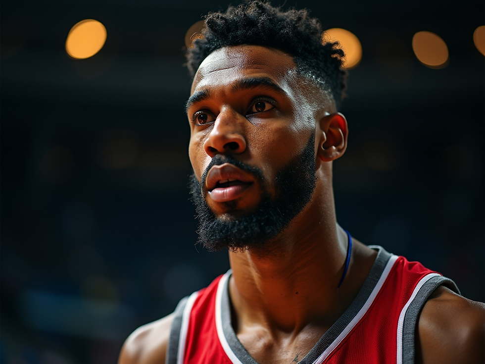 Basketball player in a red jersey focused during a game. Dimly lit arena with blurred lights in the background, conveying intensity.