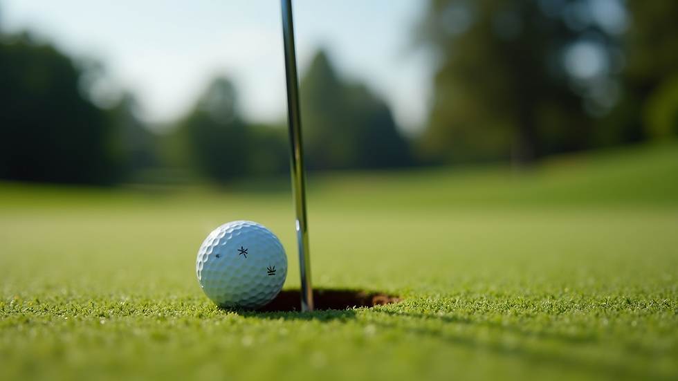 Close-up view of a golf ball on a pristine green near a tight pin