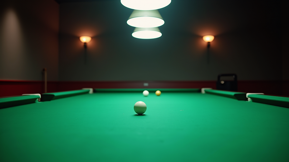 Eye-level view of an empty snooker table under soft lighting